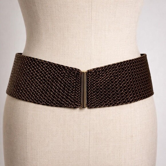 Vintage Very Wide Woven Leather statement Belt Women brown gold buckle main image 7